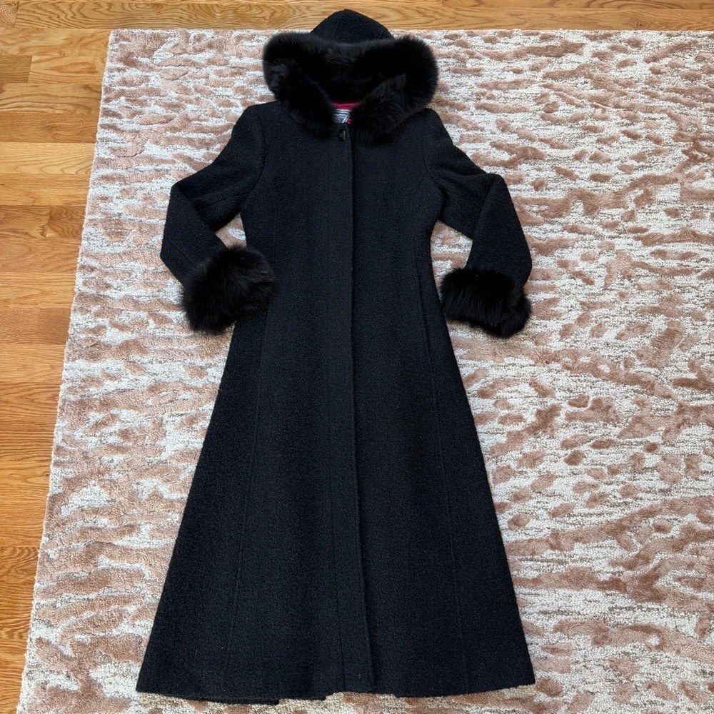 Marvin Richards Long Wool-Blend Teddy Coat with Fur Trim – Black – Size 4